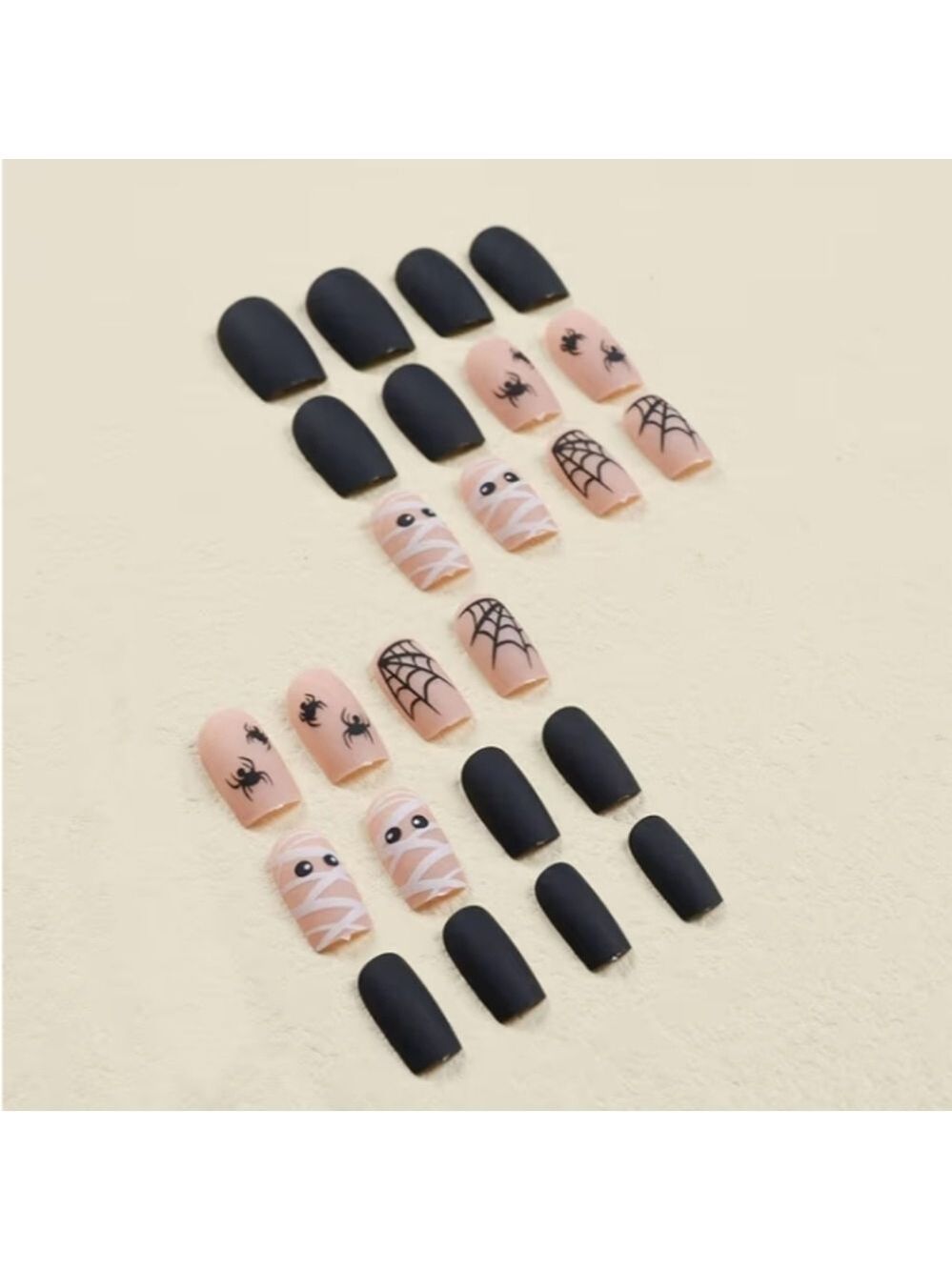 2/$10 Halloween Mummy & Spider Matte Nail Set - Black & Nude - Picture 3 of 7